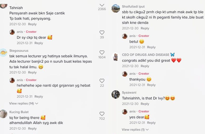 Rata-rata netizen mendoakan Anis dan memuji tindakan pensyarahnya.